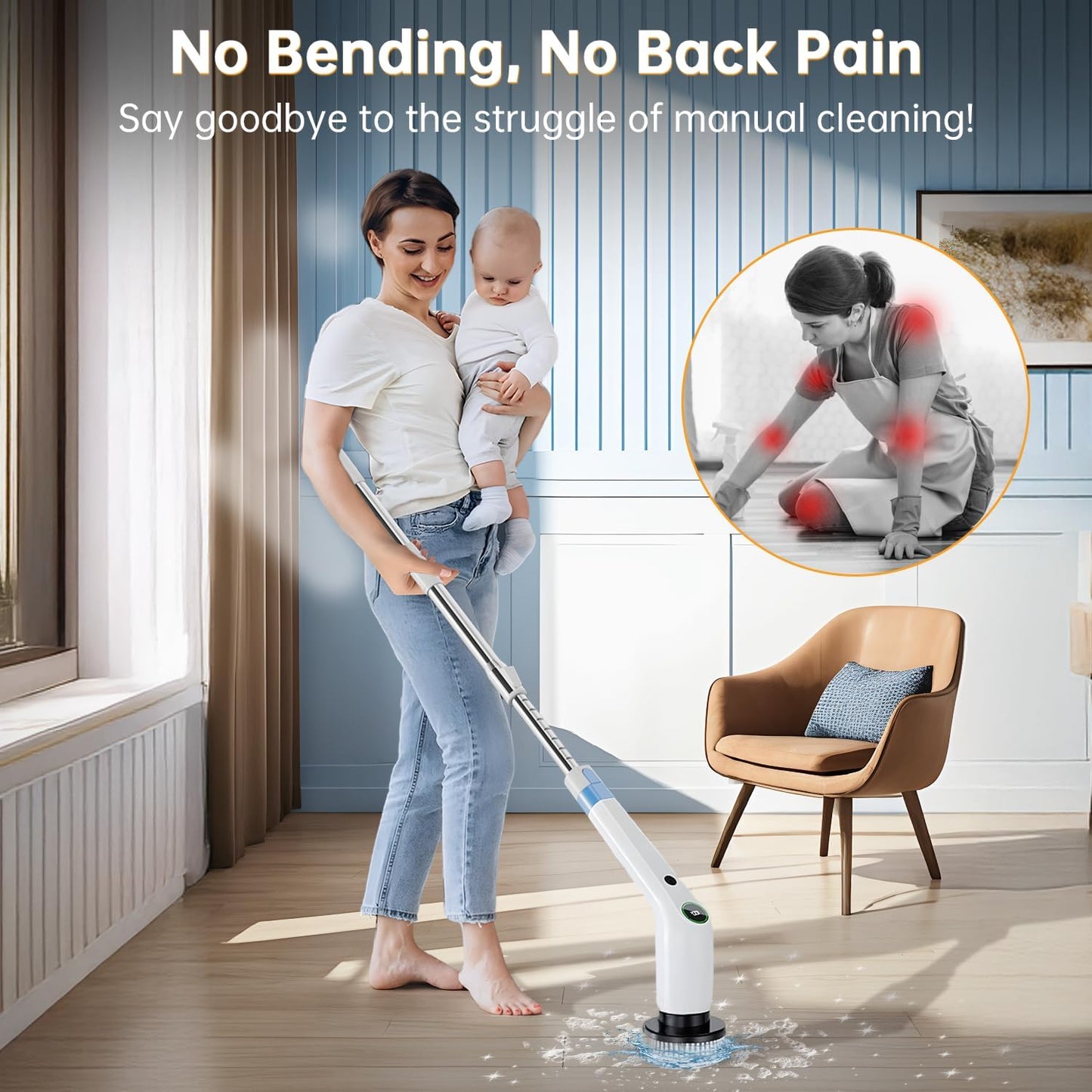 PUFTEM Electric Spin Scrubber, Cordless Shower Scrubber, Adjustable Handle | Dual Speed, 8 Replaceable Brush Heads, Adjustable Extension Handle, Battery Level Display, Bathtub, Tile & Floor Cleaning