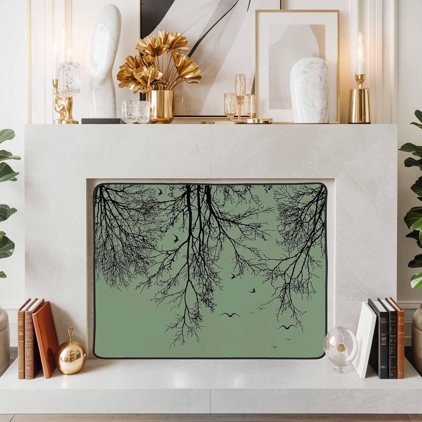 Magnetic Fireplace Cover Tree Branches Bird Fireplace Screen Decorative Brown Black Twigs Deadwood Insulation Fireplace Blocker Save Energy Fireplace Draft Stopper Covers for Living Room 45x34 Inch