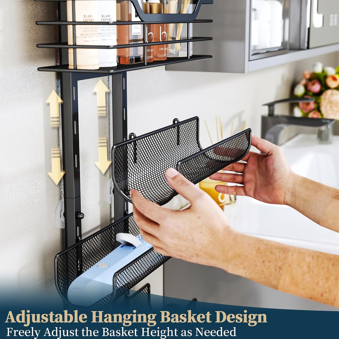 Consumest 6-Tier Hair Tool Organizer - Hair Dryer Holder Over The Door/Wall Mounted DIY Adjustable Shelf Bathroom Door Organizer with Hook for Curling Iron/Blow Dryer/Straightener Black