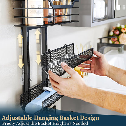 Consumest 6-Tier Hair Tool Organizer - Hair Dryer Holder Over The Door/Wall Mounted DIY Adjustable Shelf Bathroom Door Organizer with Hook for Curling Iron/Blow Dryer/Straightener Black
