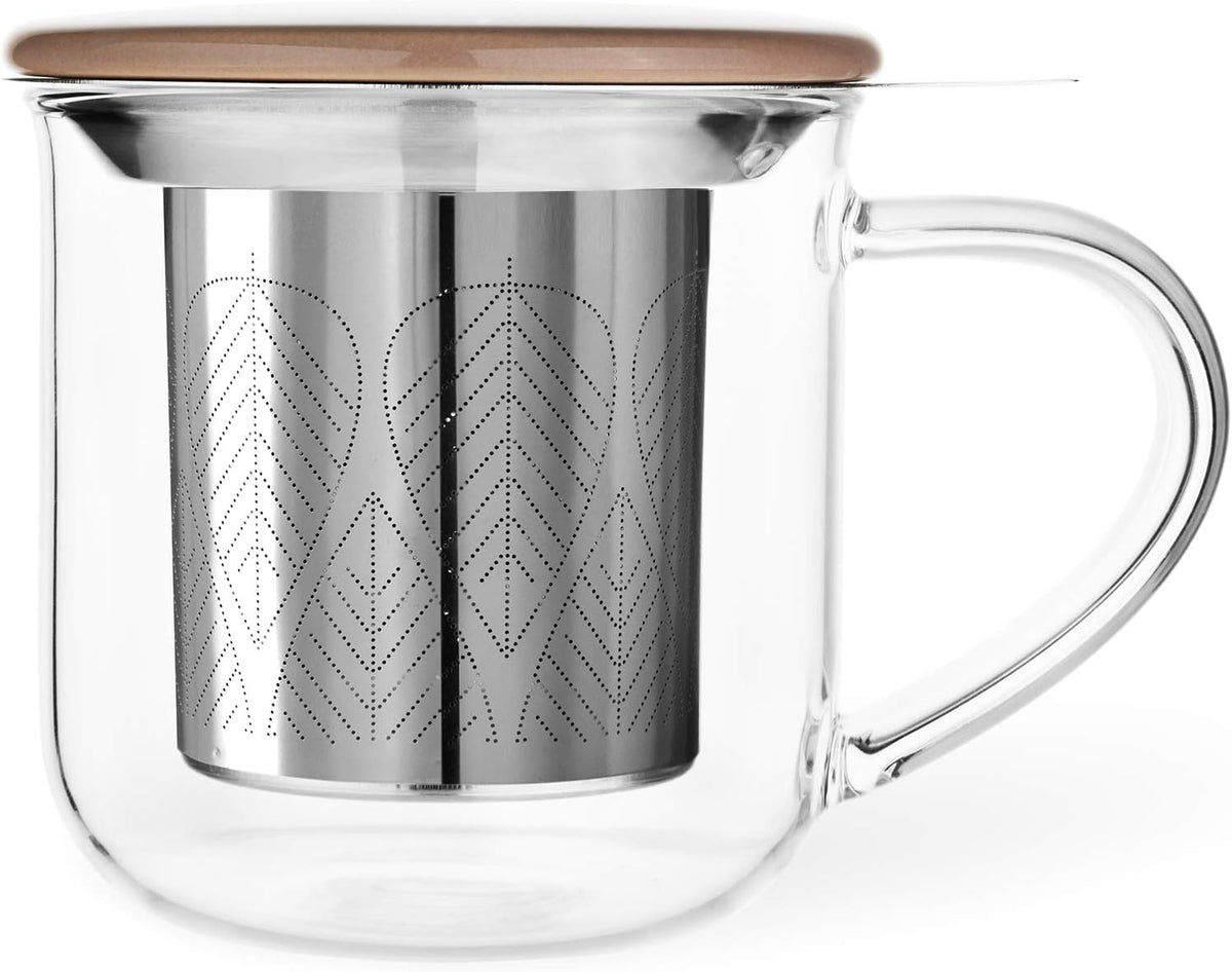 VIVA Minima Balance Glass Tea Cup with Infuser and Lid, 17oz, Clear Bamboo