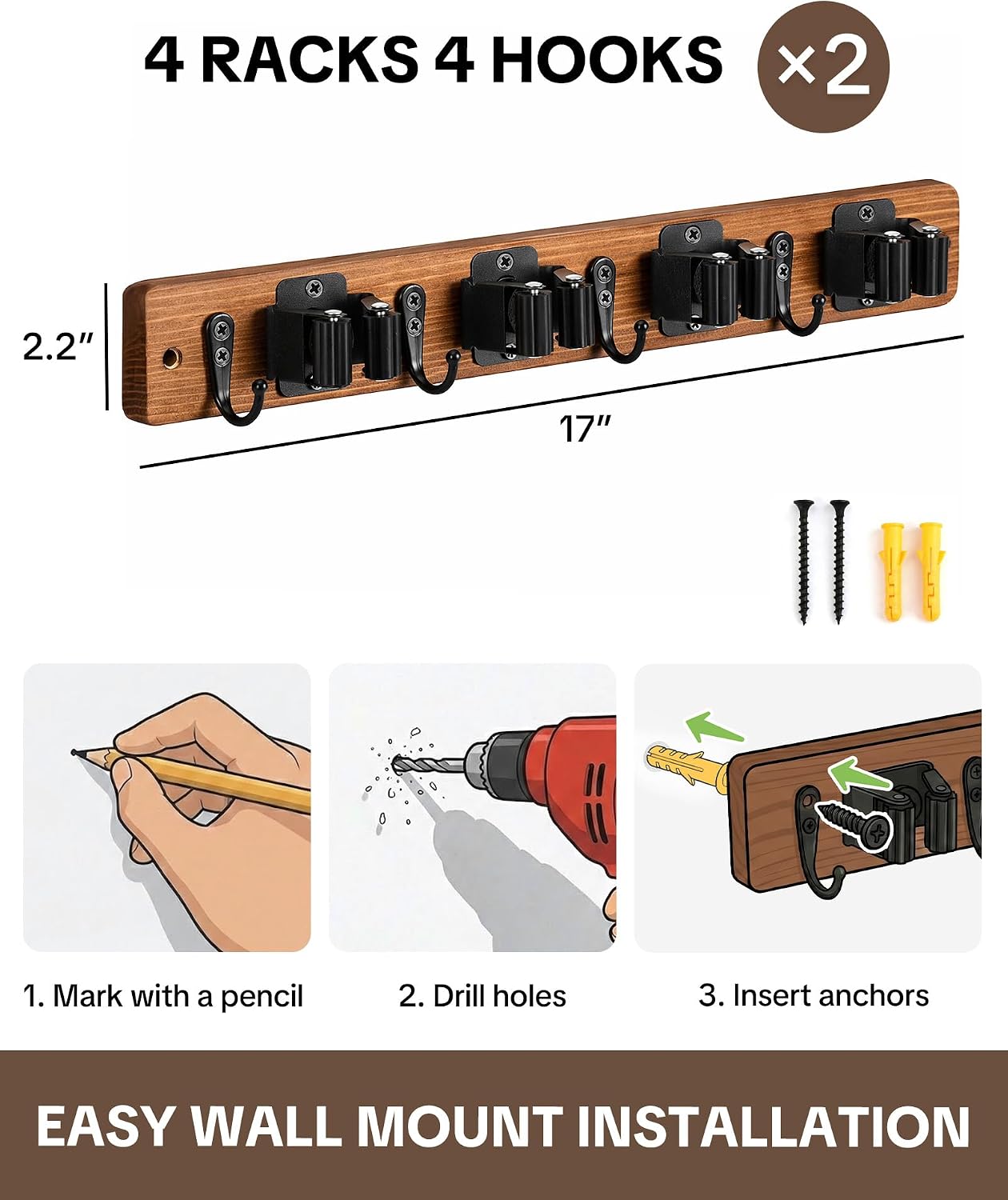 Lorbro 2 Pack Broom Holder Wall Mount, Wooden Rack with 4 Slot & 4 Hook | Broom and Mop Organizer Wall Hanging, Tool Organizer for Laundry Room, Closet, Garage, Kitchen