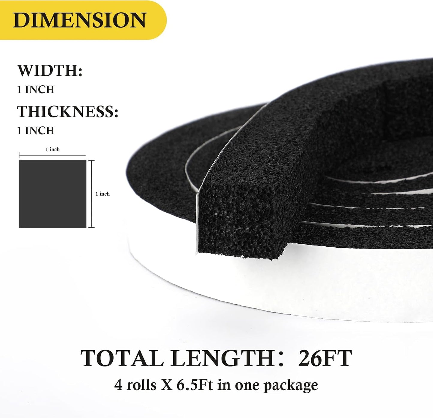 fowong AC Window Seal Foam Tape, 1" x 1" Thick Foam Weather Strip, Black | High Resilience Foam Tape Seals Large Gaps Around Ac Windows and Doors, 6.5ft x 2 Rolls, Strong Adhesive, Install in Minutes