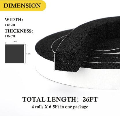 fowong AC Window Seal Foam Tape, 1" x 1" Thick Foam Weather Strip, Black | High Resilience Foam Tape Seals Large Gaps Around Ac Windows and Doors, 6.5ft x 2 Rolls, Strong Adhesive, Install in Minutes