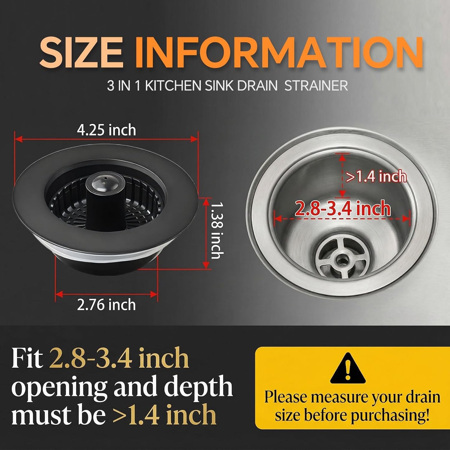 Solid Brass Body 3-in-1 Kitchen Sink Drain Strainer & Stopper, Heavy Duty Pop Up Plug Assembly with 2 Baskets, Anti-Clog Replacement for US Standard 3-1/2 Inch Drains, Rust-Proof Silver