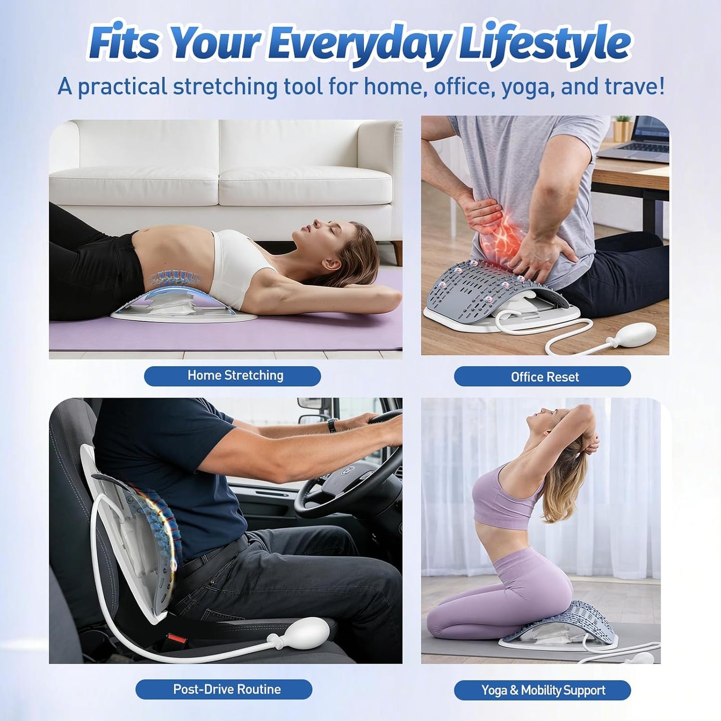 Back Stretcher for Lower Back, Pneumatic Adjustable Lumbar Support Board with 10 Magnets and 90 Massage Points, Daily Back Stretching Device for Home, Office, Yoga and Travel