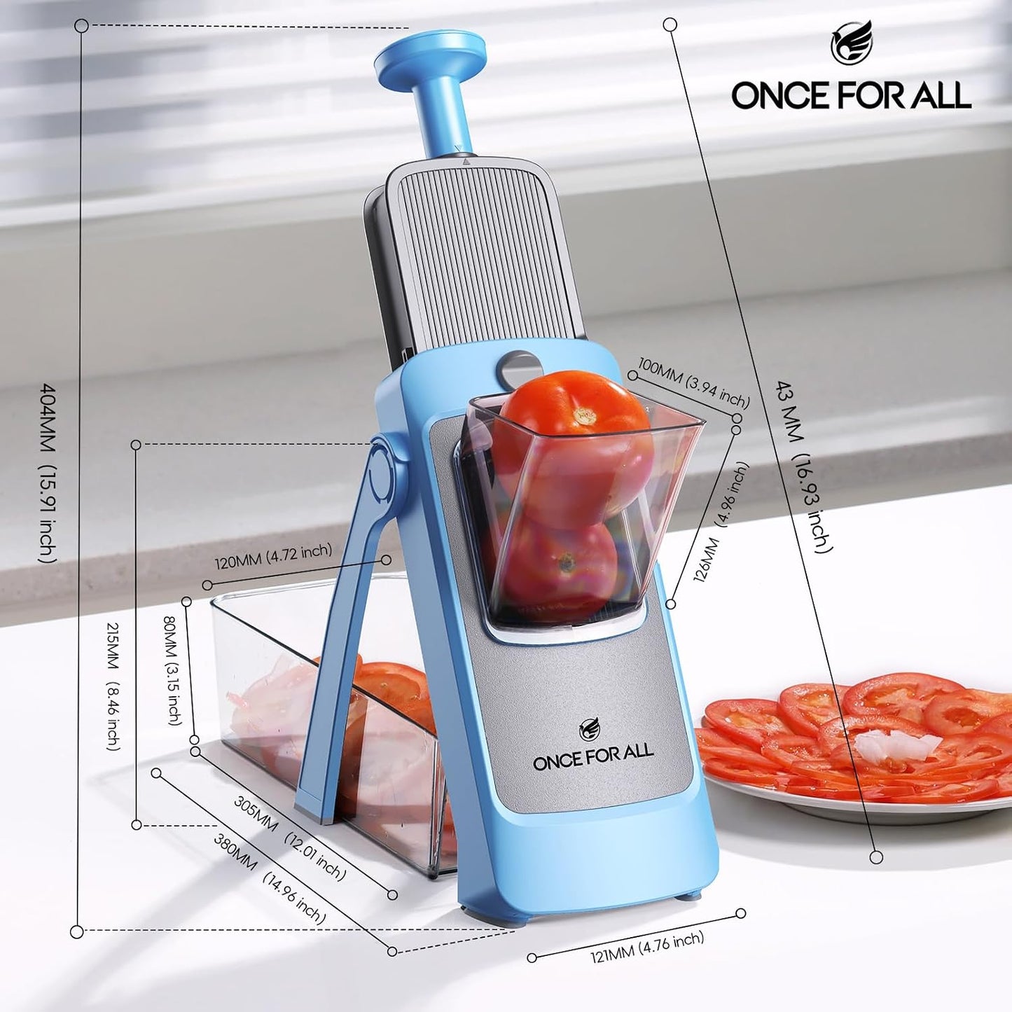 ONCE FOR ALL Safe Mandoline Slicer Plus, Bigger Size, Potato Slicer, Black | 0.1-8mm Adjustable Vegetable Food Chopper, Kitchen Mandoline Slicer Stainless Steel, Detachable Blade, Dishwasher-safe, Gift