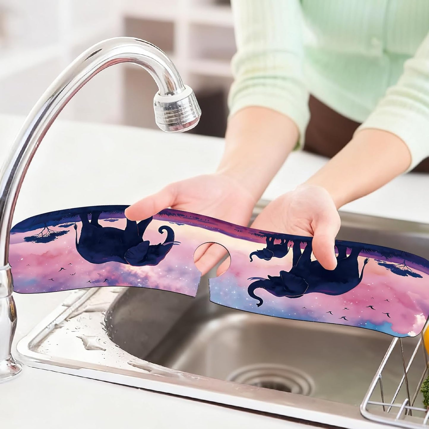 2Pcs Peonies Kitchen Sink Splash Guard Faucet Mat Vintage Florals Faucet Mat For Bathroom Kitchen 5.5x23.6In