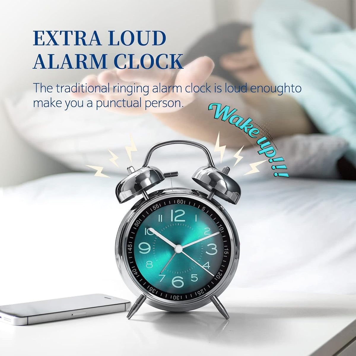 Super Loud Alarm Clock For heavy sleepers,4 inches Twin Bell Alarm Clock with Backlight,Battery Operated,Silent Non Ticking,For Kids,Adults,Bedrooms,Retro decor Desk Analog Clocks.. (Noctilucent)