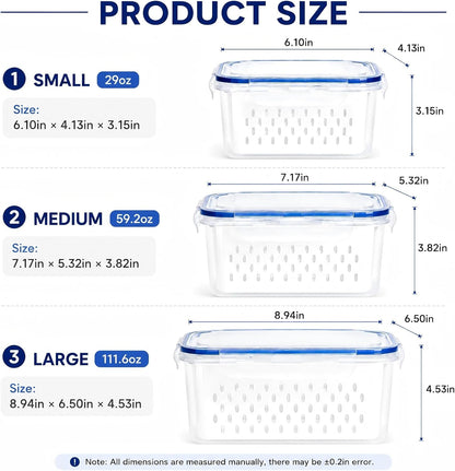3 Pcs Fruit Storage Containers for Fridge, Produce Storage Containers with Removable Colander Basket & Airtight Lid,food storage containers, for Fruits, Vegetables & Meat