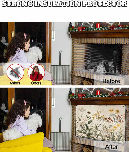 Botanical Magnetic Fireplace Cover Decorative Indoor for Brick Fireplace, Retro Plant Wildflower Green Leaf Ferns Insulation Fireplace Blocker Blanket Draft Stop Hot Heat Save Energy, 51" Wx39 H