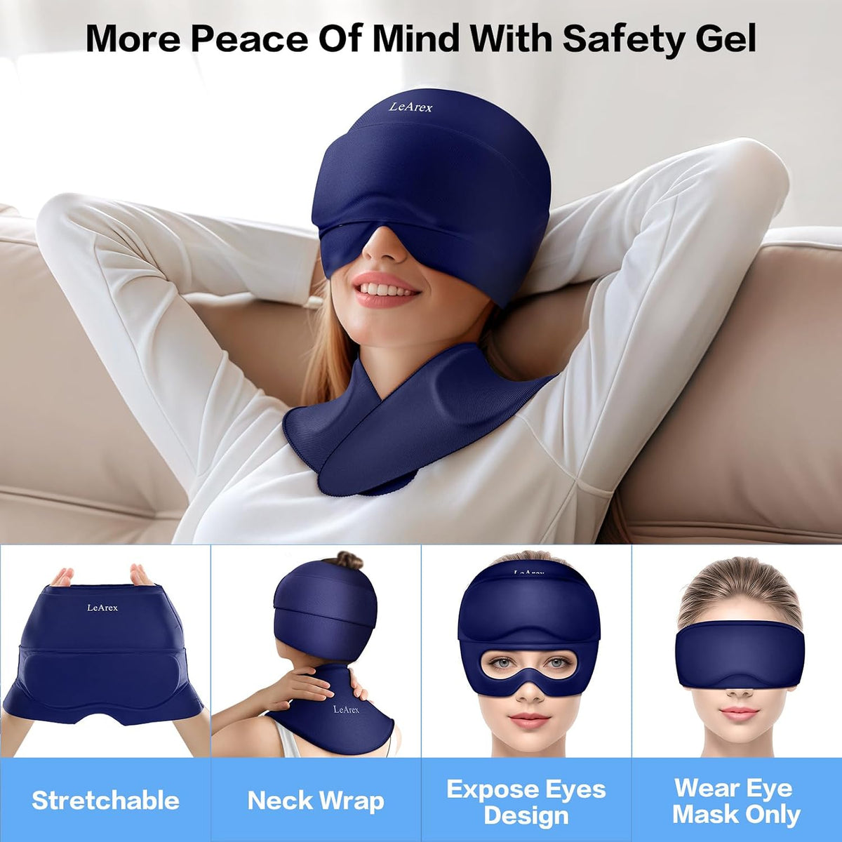 3 in 1 Migraine Relief Cap Neck Ice Pack Wrap Gel and Ice Eye Masks, Detachable Ice Caps with Eyes Masks, Hot and Cold Therapy for Relief of Headaches, Stiff Neck and Eye Fatigue (Purple)