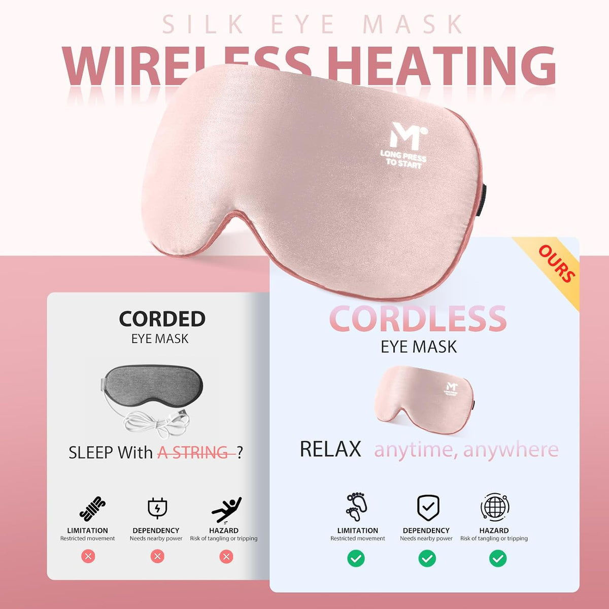 Silk Cordless Heated Eye Mask, Washable Heat Eye Compress for Dry Eye Electric Eye Heating Pad Warm Eye Mask for Eye Fatigue Stye Sinus Blepharitis MGD Gifts for Men Women - MerSun