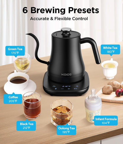 KOIOS Gooseneck Electric Kettle, ±1℉ Temp Control, Mute Mode, 4H Keep Warm | 0.8L Pour Over Kettle, 1200W Fast Heating, Stainless Steel, Coffee & Tea Brewing