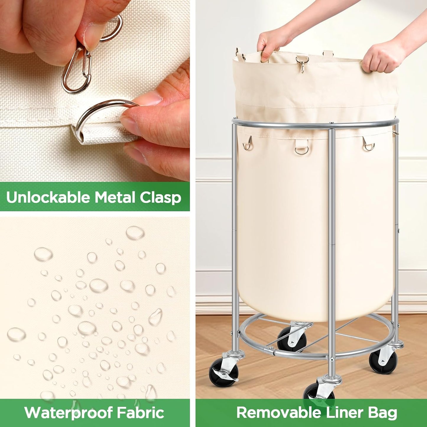 100L Round Rolling Laundry Hamper Basket with Wheels, Grey | Laundry Sorter Cart with Removable Bag, Clothes Organizer, Metal Frame, Bedroom, Bathroom, Laundry Room, Dorm Use