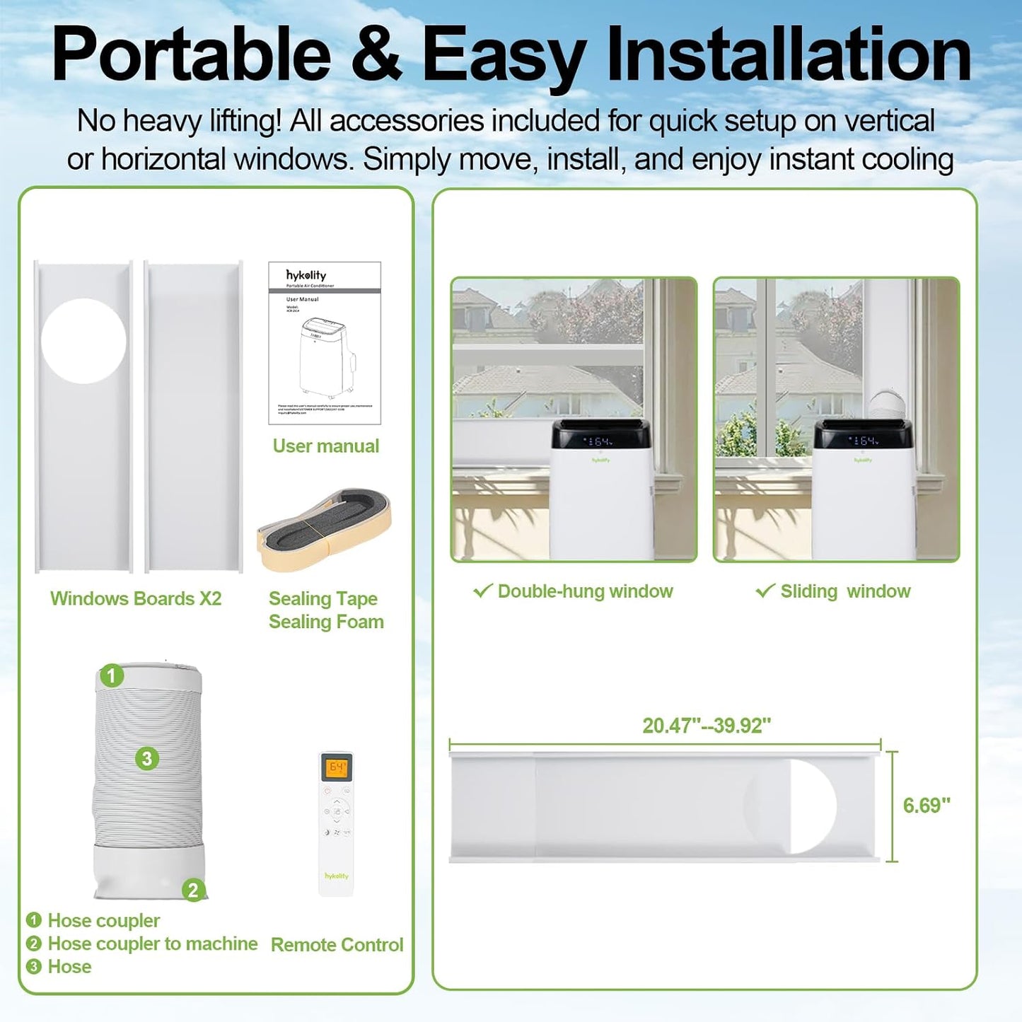 Hykolity WiFi Enabled Portable Air Conditioners 10,000 BTU, Cools Rooms Up To 450 Sq.Ft, 45dB Dual Motor 5 in 1 Quiet Smart AC Unit with Cool, Fan, Dehumidifier, 24H Timer & Sleep Mode