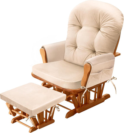 JZHLLA Glider Rocker Replacement Cushion Set with Storage Pockets Soft Flannel Fabric & High-Resilience Foam Non-Slip Back Rocking Chair Cushion for Living Room Rocking Chair(Beige)