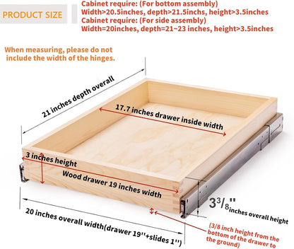 32''W x 21''D x 3''H Pull Out Cabinet Drawer Soft Close Slide Out Wood Organizer for Kitchen, Finished, Bottom and Side Assembly (Wood Drawer Part Width is 31inch)
