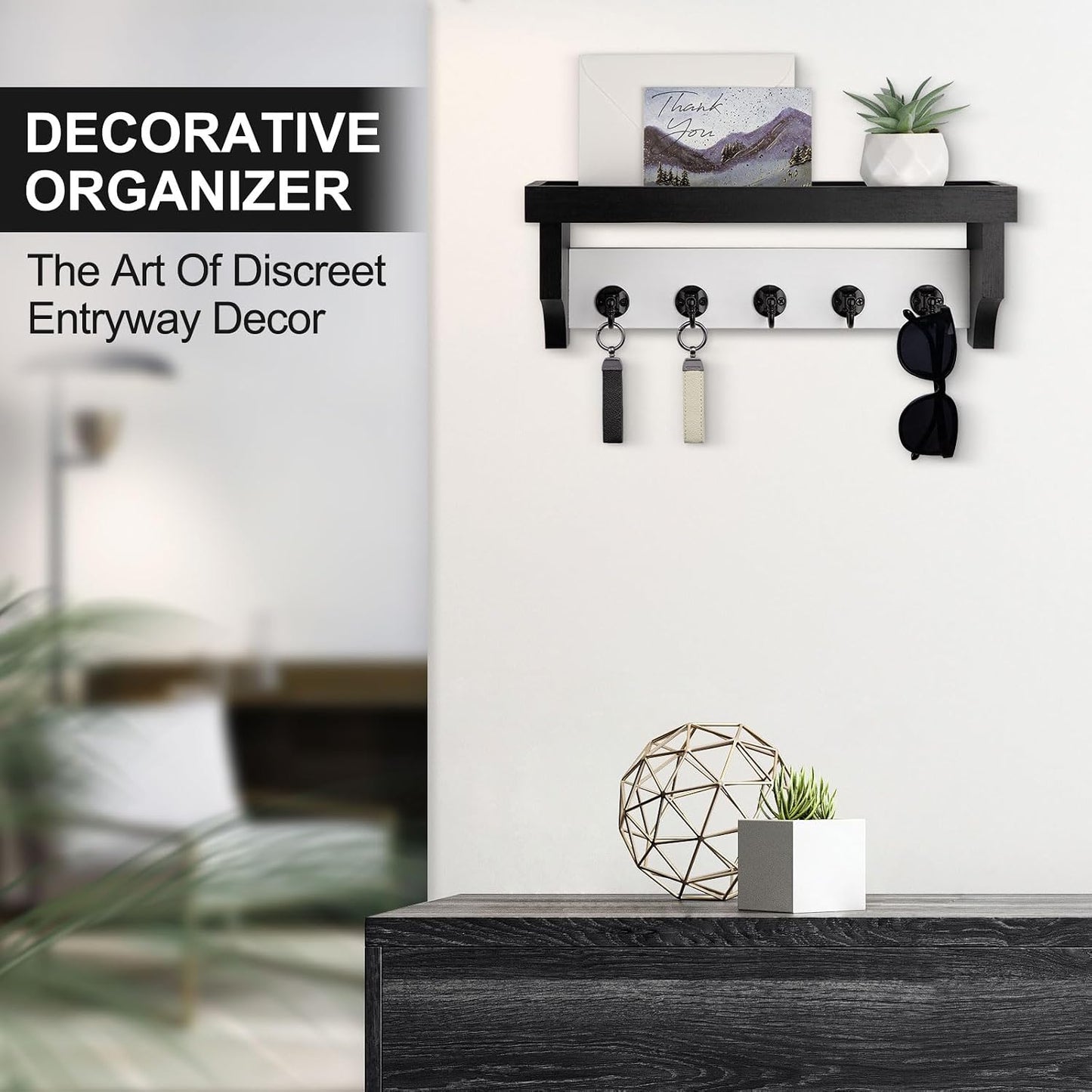 Key and Mail Holder Wall Mount, Mail Organizer with 5 Key Hooks | Key Holder with Shelf, Key Holder for Coat, Dog Leash, Home Decor Rack, Entry Way Organizer
