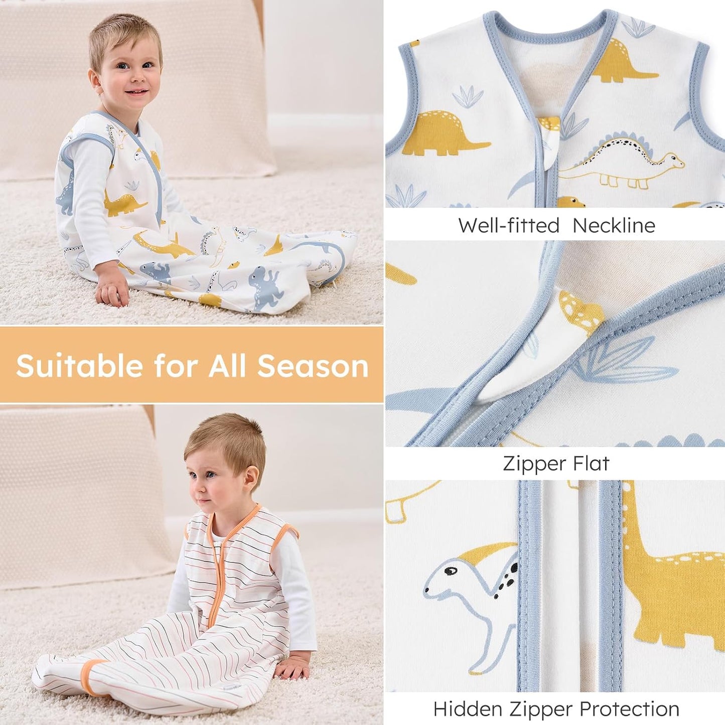 Yoofoss Baby Sleep Sack 0-6 Months Wearable Blanket for Babies 100% Organic Cotton 2-Way Zipper TOG 0.5 Toddler Sleeping Sack 3 Pack, Sleep Sacks