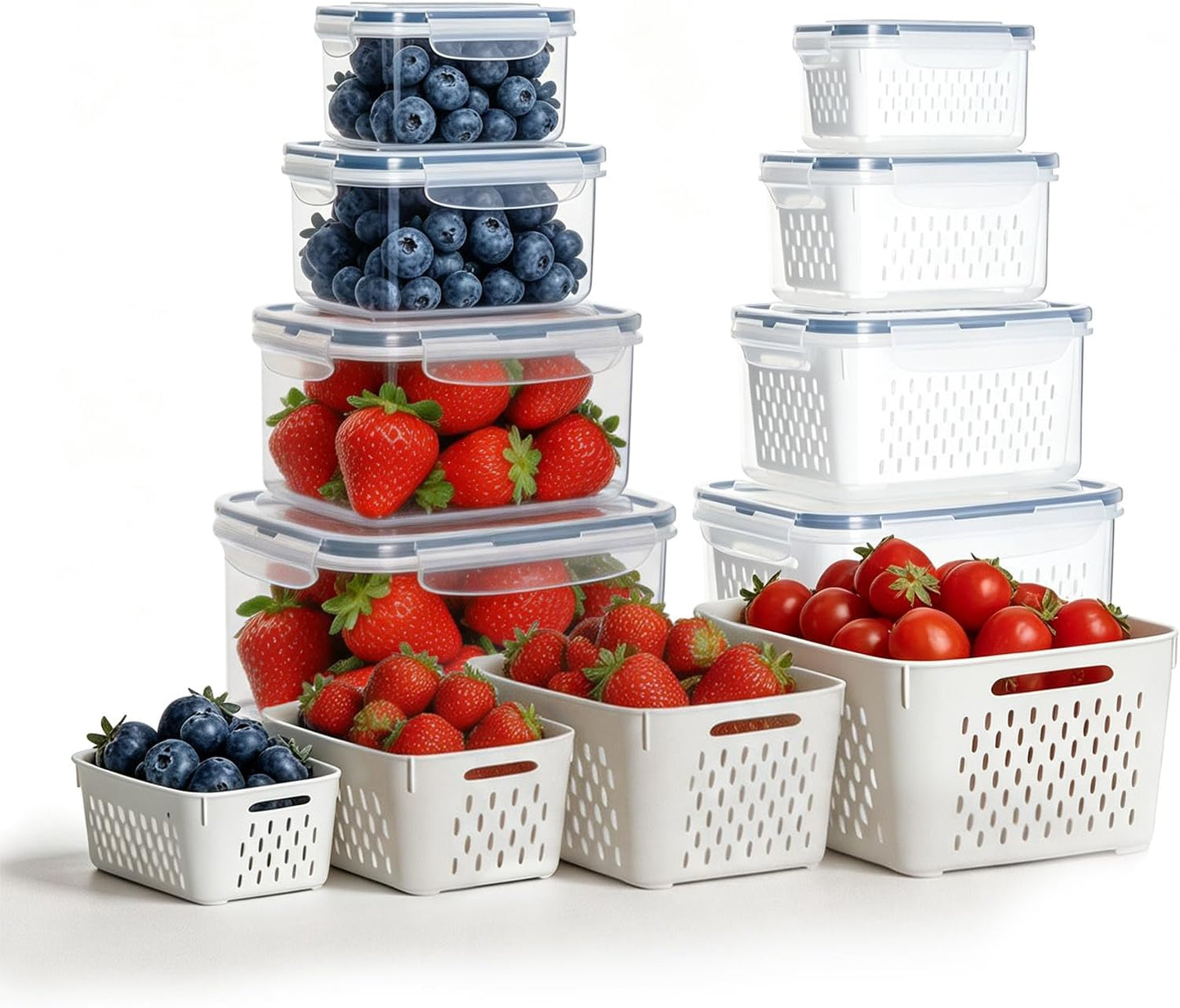 Fruit Containers for Fridge with Removable Colander, 4 Pack Strawberry Storage Containers for Fridge, Containers with Lids, Keep Strawberries, Berries Fresh for Longer