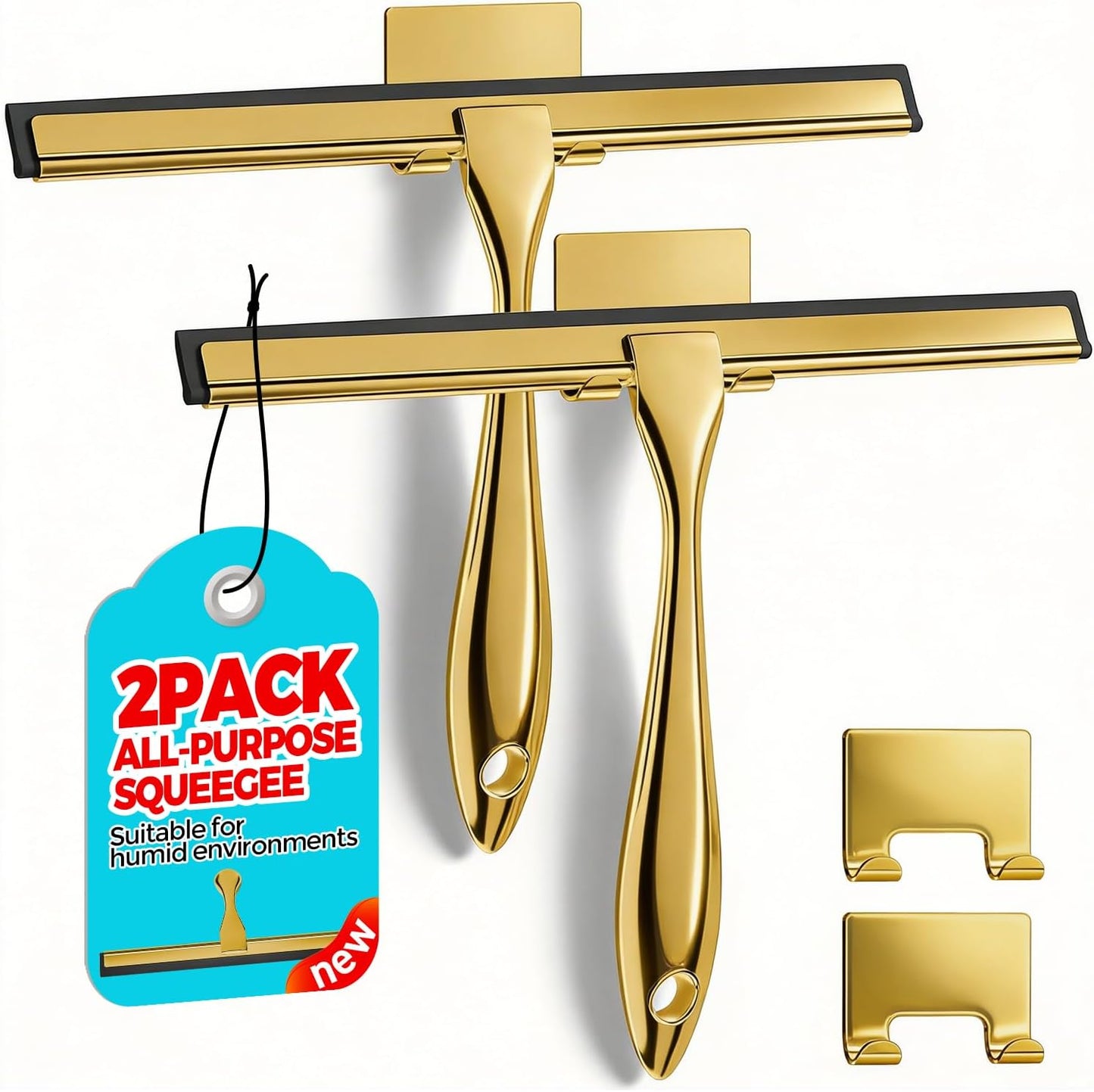 2pcs Shower Squeegee for Glass Doors with Adhesive Hanging Hook Set | 10” Silver, Bathroom Accessories, Window Cleaner, New Home Essentials, Soft Rubber Blade, Metal Handle, Ergonomic Grip