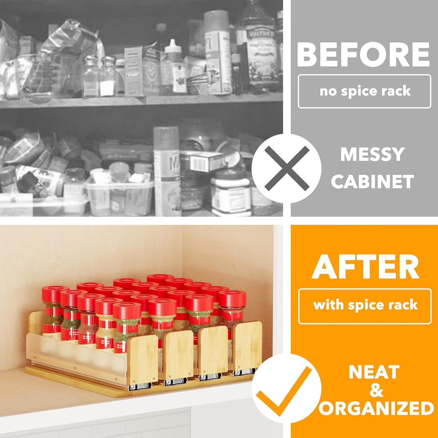 SpaceAid Bamboo Pull Out Spice Rack Organizer for Cabinet, Heavy Duty Slide Out Seasoning Kitchen Pantry Sliding Vertical Organization, 7.6" Wide, 3 Drawers(2" Wide), 2-Tier, Natural