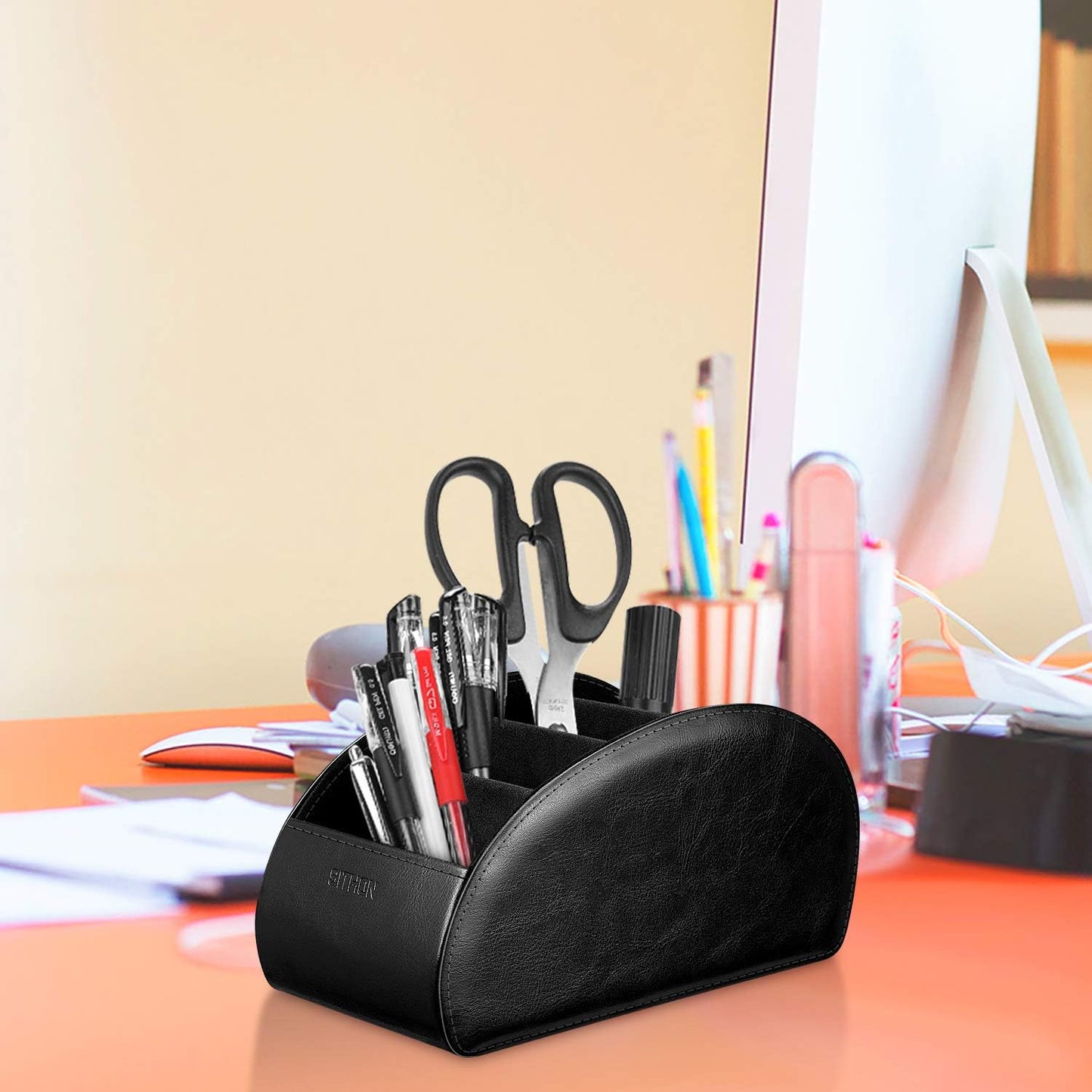 SITHON Remote Control Holder with 5 Compartments | PU Leather Remote Caddy Desktop Organizer Store TV, DVD, Blu-Ray, Media Player, Heater Controllers, Stripe Black