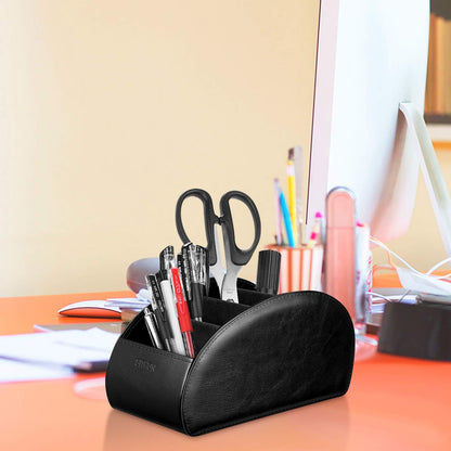 SITHON Remote Control Holder with 5 Compartments | PU Leather Remote Caddy Desktop Organizer Store TV, DVD, Blu-Ray, Media Player, Heater Controllers, Stripe Black