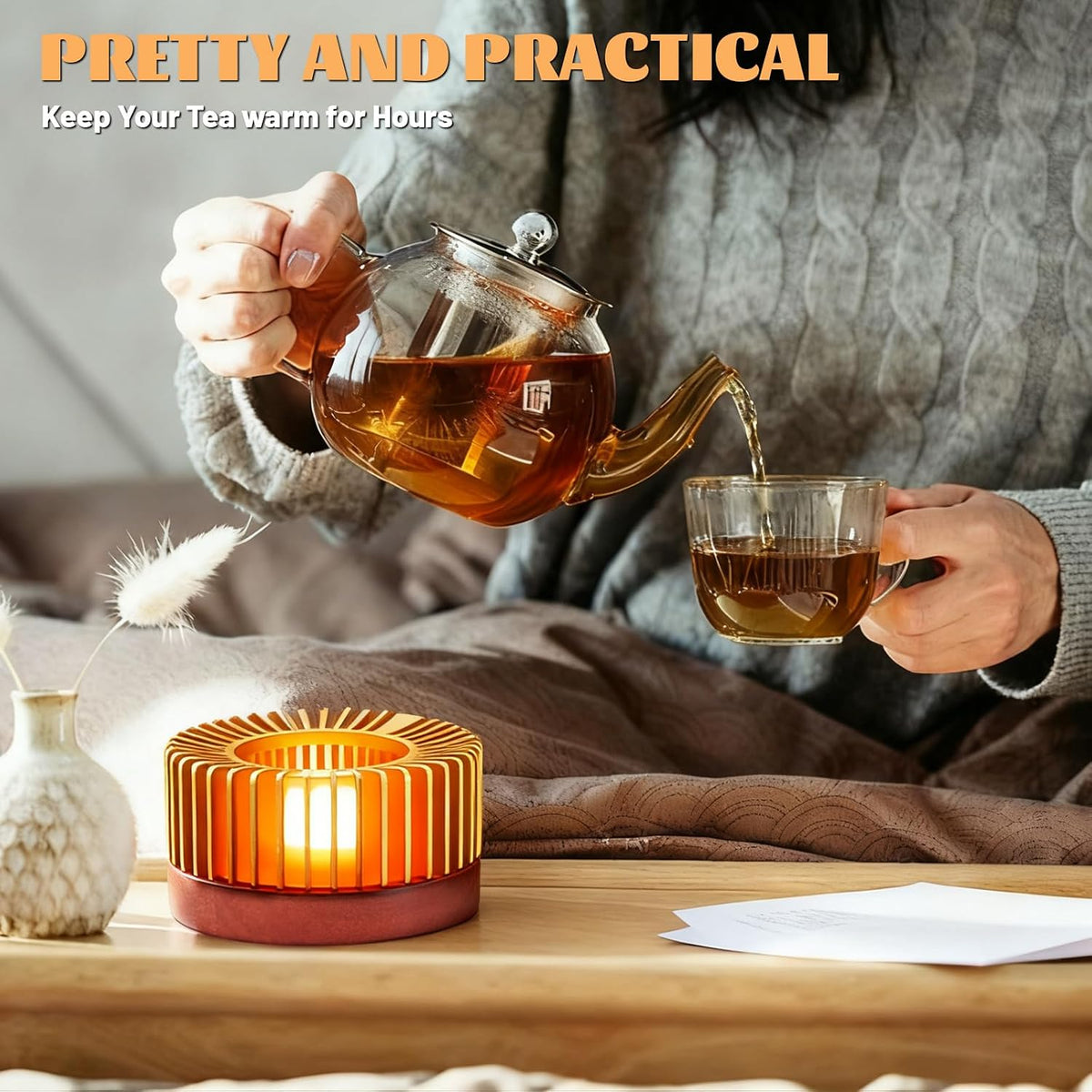 Inmorven Teapot Warmer, Aluminum Tea Warmer with Wooden Base, Candle Heater for Heating Tea, Coffee, Milk, Food,Camping and Traveling, Suitable for All Teapots-S
