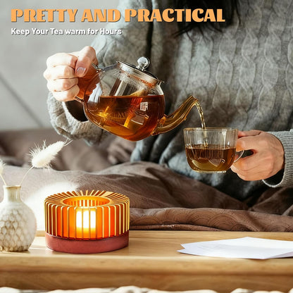 Inmorven Teapot Warmer, Aluminum Tea Warmer with Wooden Base, Candle Heater for Heating Tea, Coffee, Milk, Food,Camping and Traveling, Suitable for All Teapots-S