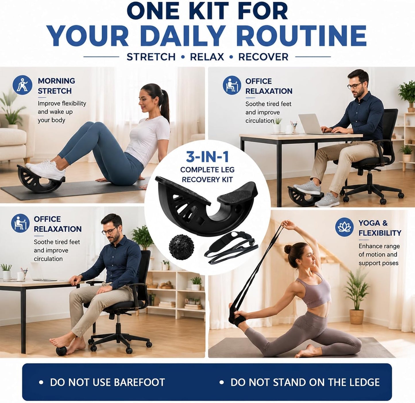 3-in-1 Calf Stretcher & Foot Rocker Kit, Portable Physical Therapy Tool with Leg Stretch Strap & Foot Massage Ball, Relief for Plantar Fasciitis, Achilles Tendonitis, Heel Pain, Yoga, Running