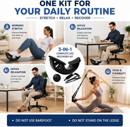 3-in-1 Calf Stretcher & Foot Rocker Kit, Portable Physical Therapy Tool with Leg Stretch Strap & Foot Massage Ball, Relief for Plantar Fasciitis, Achilles Tendonitis, Heel Pain, Yoga, Running