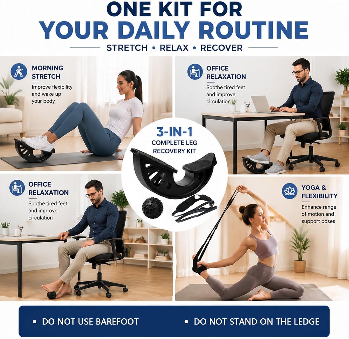 3-in-1 Calf Stretcher & Foot Rocker Kit, Portable Physical Therapy Tool with Leg Stretch Strap & Foot Massage Ball, Relief for Plantar Fasciitis, Achilles Tendonitis, Heel Pain, Yoga, Running