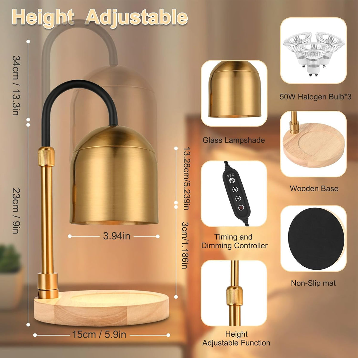 Candle Warmer Lamp with Timer & 3 Bulbs, Dimmable Electric CandleLight Adjustable Height and Brightness Candle Wax Warmer for Jar Candles Bedroom Home Decor House Warming Gift for Women (Round Gold)