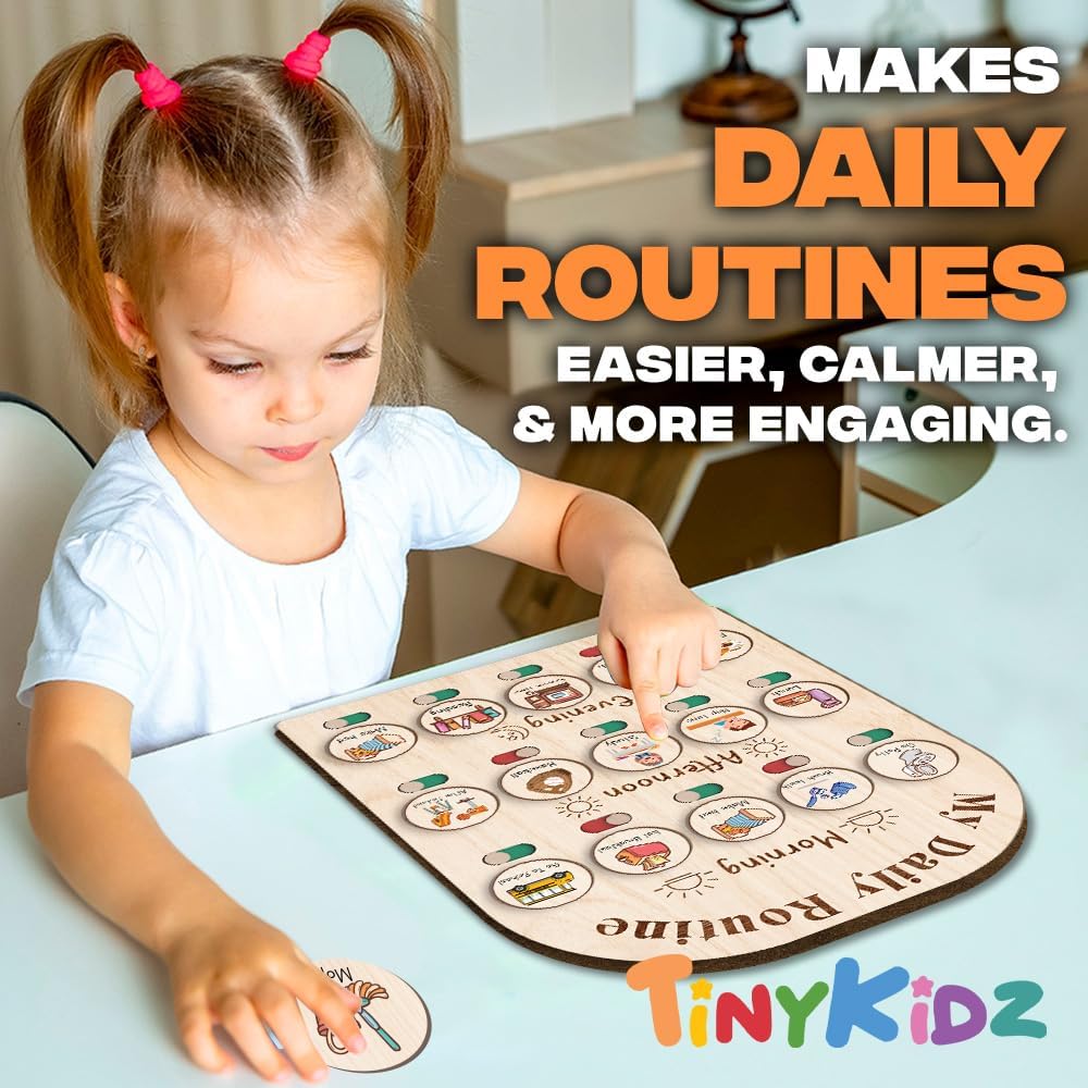 Daily Routine Chart for Kids, Visual Schedule, Routine Chart for Toddlers 3-5, Morning Bedtime Routine Chart for Toddlers, Wooden Chore Chart for Kids