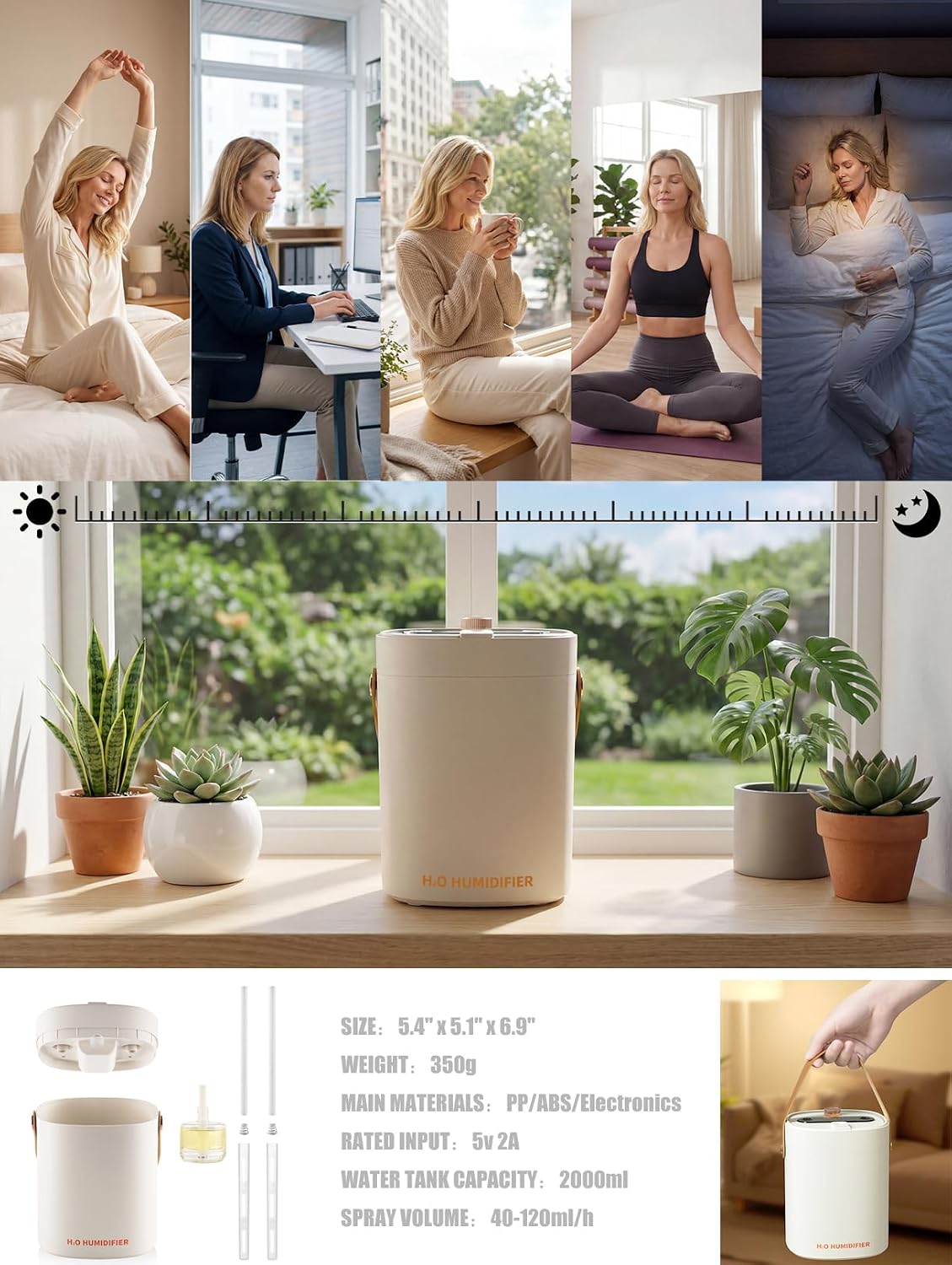 Humidifier for Bedroom, 2L Cool Mist Humidifier with Essential Oils Diffuser and Nightlight, Top Fill Humidifiers for Home, Auto Shut-Off, Carry Handle, Quiet Easy to Fill & Clean for Home