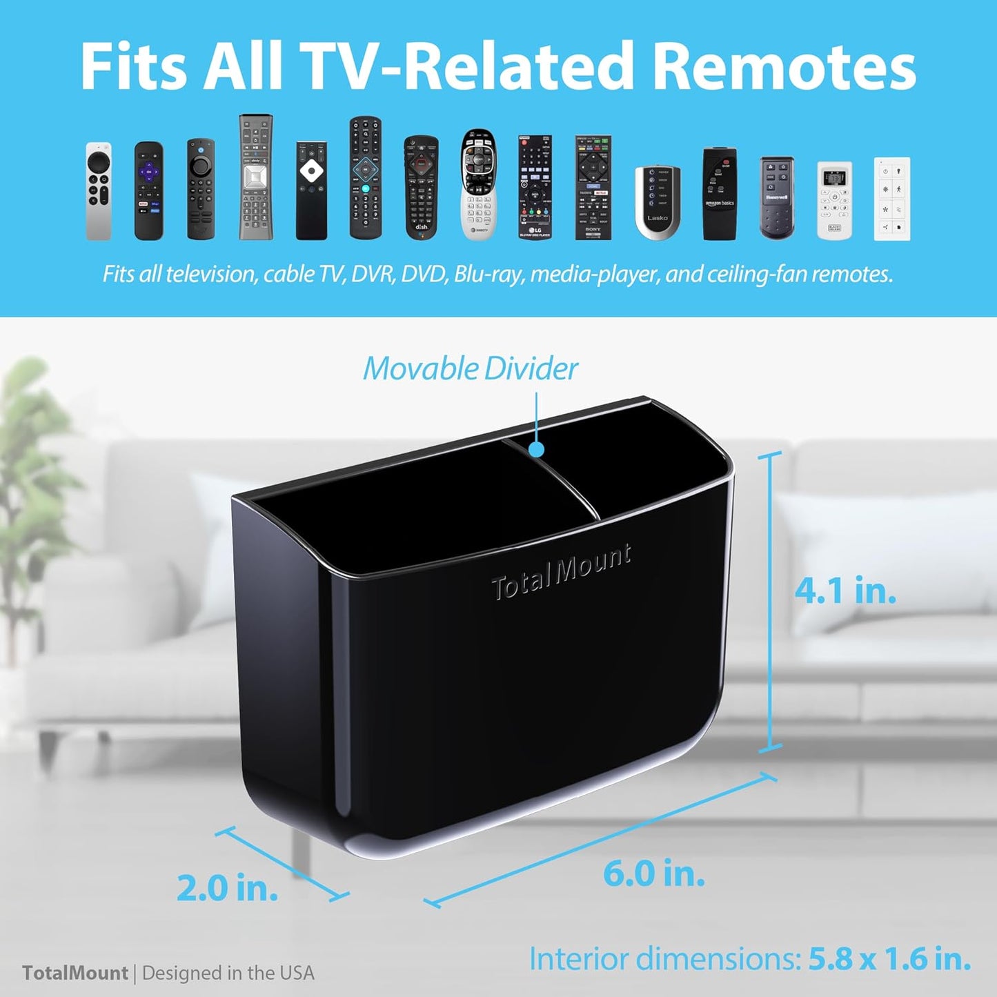 TotalMount Drop-Free Remote Holder – Removable Adhesive Strips – XL Black | Designed in the USA – Simply Put the Remotes In – No Tricky Magnet Alignment Needed (Holds 3 or 4 Remote Controls)