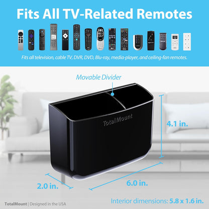 TotalMount Drop-Free Remote Holder – Removable Adhesive Strips – XL Black | Designed in the USA – Simply Put the Remotes In – No Tricky Magnet Alignment Needed (Holds 3 or 4 Remote Controls)