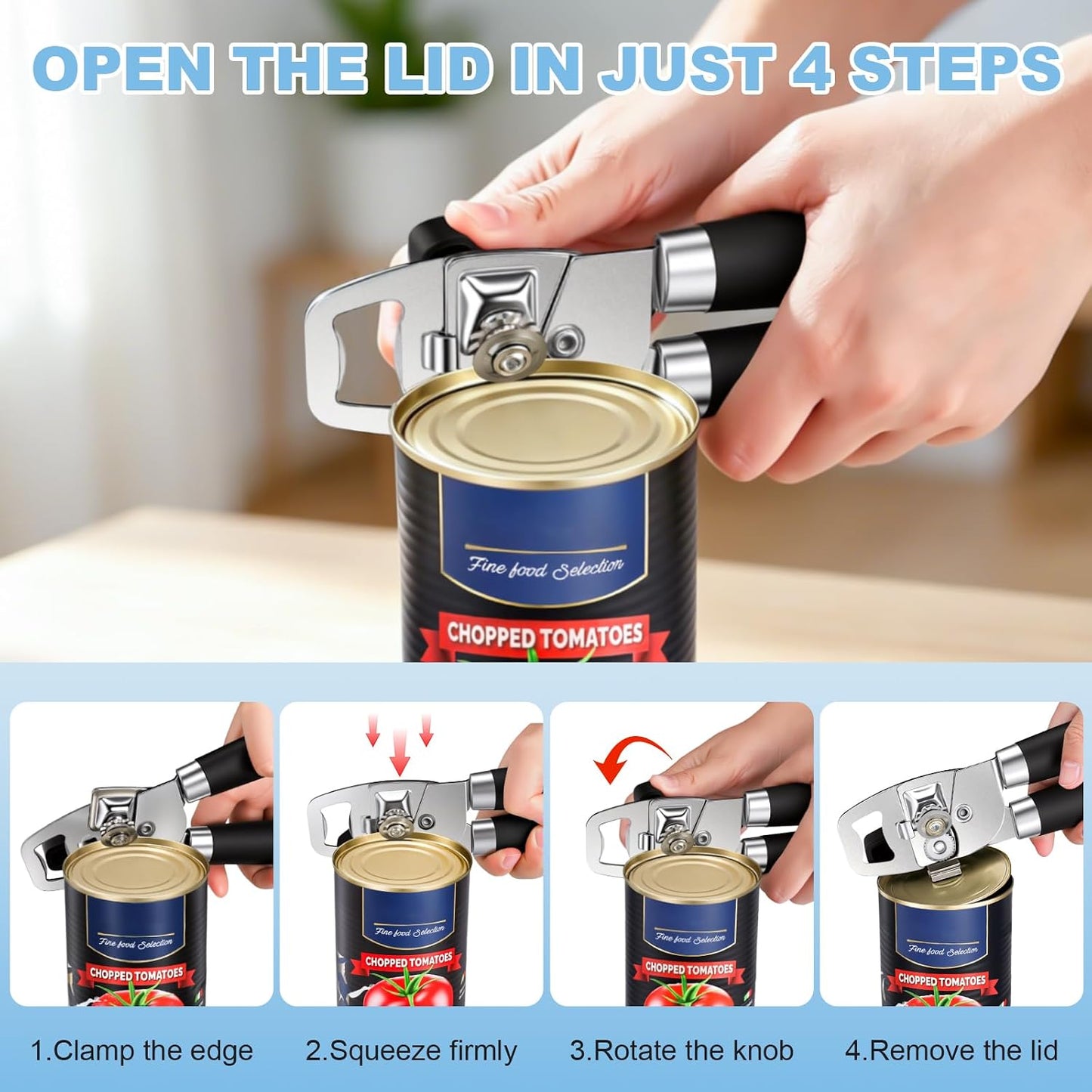Can Opener Manual Heavy Duty Stainless Steel | with Magnetic Lid Lifter, Sharp Cutting Wheel, Soft Ergonomic Handle, Oversized Turn Knob, Multifunctional Kitchen Tool