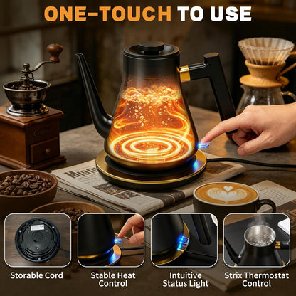 Gooseneck Electric Kettle 1000W | Pour Over Coffee Kettle with Steady Flow Spout & Balanced Handle, 0.8L Matte Black Tea Kettle for Home Barista Espresso Station Countertop- Black