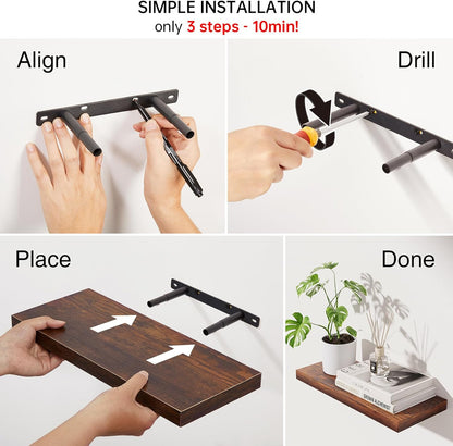 BAYKA Rustic Brown Floating Shelves 22.5in, Set of 2, Wall Mount Wood Shelf | Easy Install, 22lbs Max Load, Hidden Bracket, for Bathroom Bedroom Living Room or Kitchen, Hanging Shelf Book Decor Storage