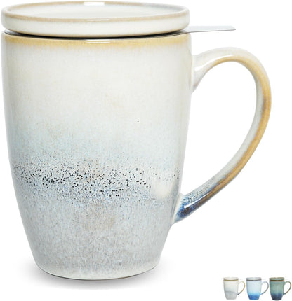 Bosmarlin Ceramic Tea Cup with Infuser and Lid, 13.5 Oz, Loose Leaf Tea Steeper Mug with Strainer, Microwave and Dishwasher Safe, Reactive Glaze (13.5 Oz, Pale Green)