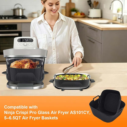 Square Silicone Air Fryer Liners: Compatible with Ninja Crispi Pro AS101CY and Most 5-6.5 Quart Air Fryer Baskets, Reusable & Non-Stick Air Fryer Accessories, 2 Pack Includes 2.5 QT & 6 QT Sizes