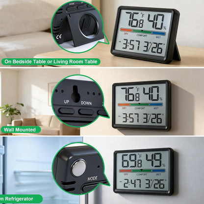 Digital Hygrometer Indoor Thermometer, Clock with Temp & Humidity, Temp Gauge with Comfort Indicator, Wall/Magnetic/Desk Alarm Clock for Bedroom, Baby Room, Office, Kitchen, Garage (Black)