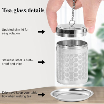 2 Pack Tea Infusers For Loose Tea, 304 Stainless Steel, 2 Inch | Fine Mesh Filter, Threaded Lid, Chain Hook, Drip Trays, Fits Most Mugs And Teapots, Dishwasher Safe