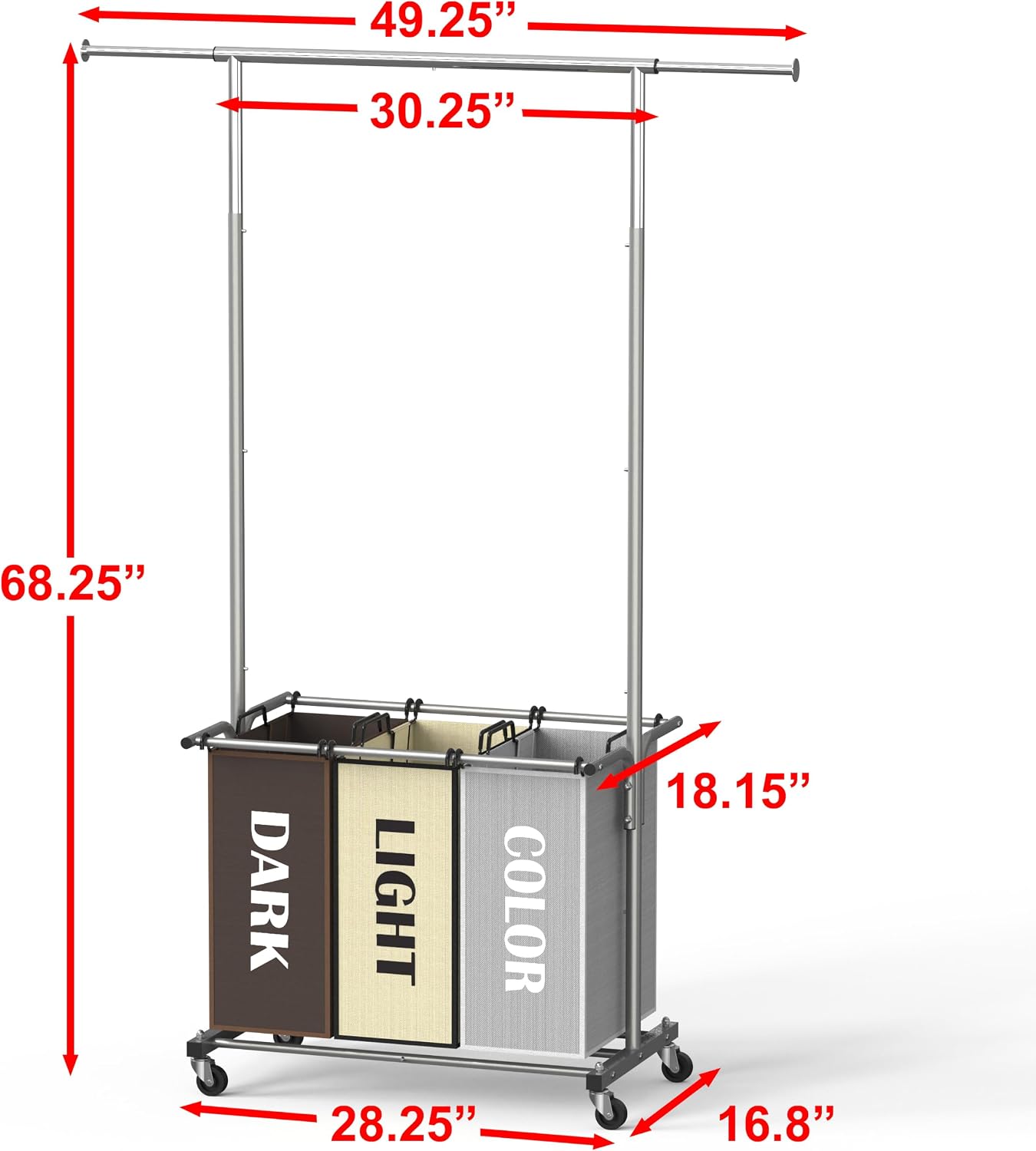 Simple Houseware Laundry Sorter Cart with Hanging Rod, Silver | Extendable Width from 30.25 to 49.25", Removable 3-Section Laundry Basket
