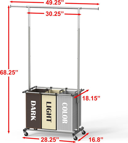 Simple Houseware Laundry Sorter Cart with Hanging Rod, Silver | Extendable Width from 30.25 to 49.25", Removable 3-Section Laundry Basket