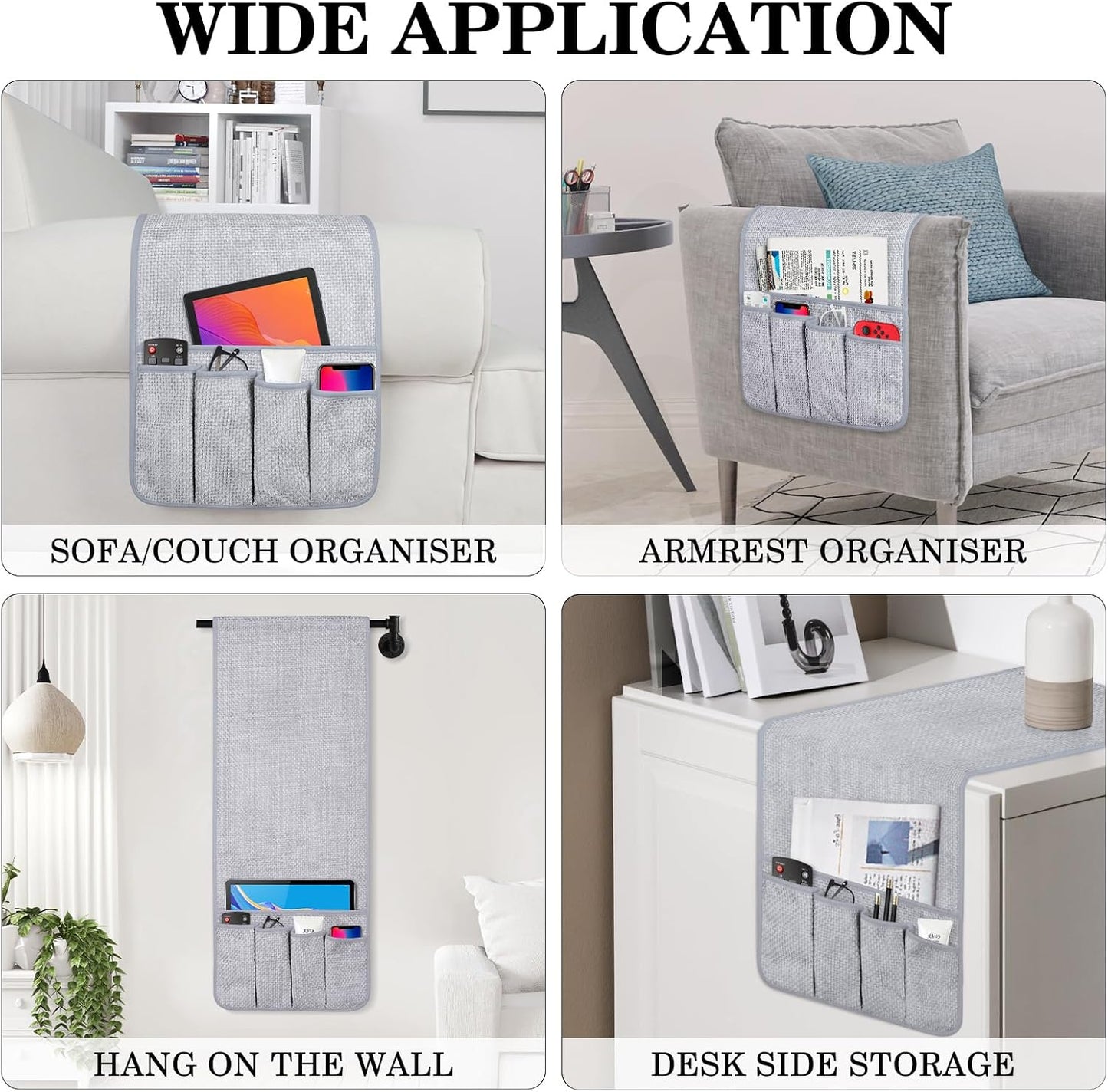 Remote Control Holder Couch Caddy, Armchair Caddy for Recliner 5 Pockets | TV Remote Holder Couch Armrest for Bed Storage with 5 Pockets, Remote Caddy Bedside Table Organizer (Light Gray,35''x13'')