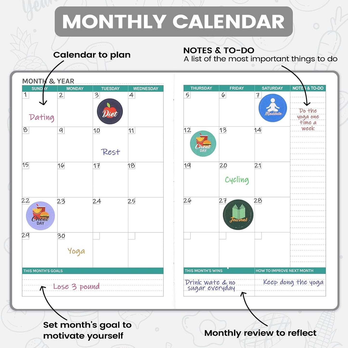 Food Journal - Journal for Women Weight Loss, 5.8" x 8.3", 6 Months Meal Planner to Count Calories Health Journals for Women/Men, Keep Healthy Diet & Achieve Fitness Goals - Rose Gold